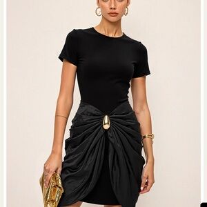 Elegant Black Short Sleeve Dress with Gold Accent